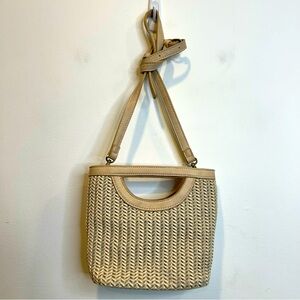 Monk & Lou Mini Woven Crossbody Bucket Bag Purse Nude